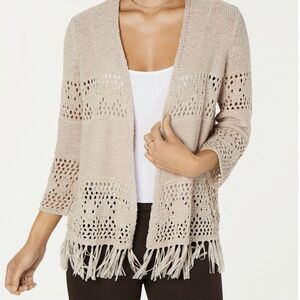 Style & Co. Beige Open Knit Cardigan with Fringe, Sz OX